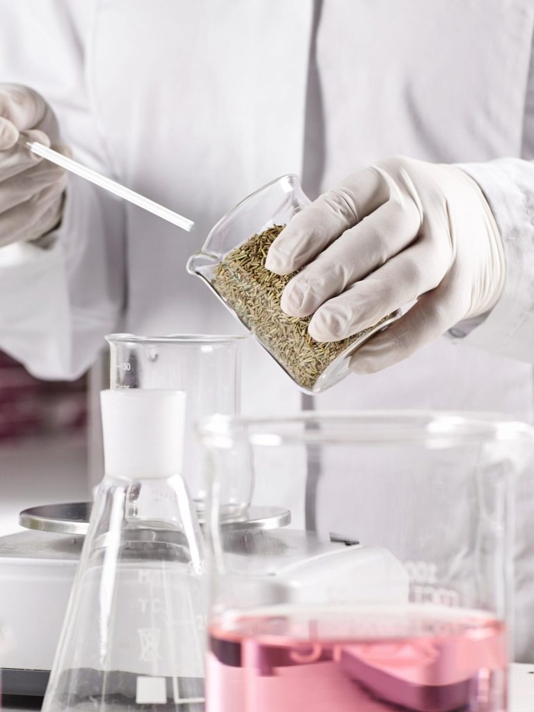 Biotechnology and pharmacology concept. Laboratory young clever worker standing near table surrounded with glass beakers filled with colorful liquid working at discovering new kind of vegetation.